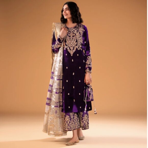 Faiza Saqlain “Madno” Velvet 3-Piece Set • Size M • Purple & Gold Formal - Picture 1 of 4